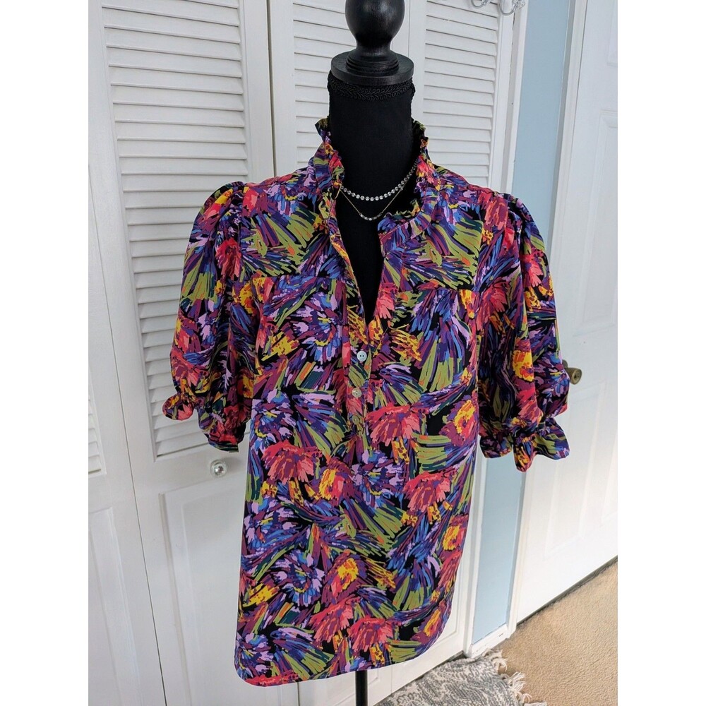 Michelle McDowell Blouse Womens XL Multi Abstract Art Puff Slv Ruffle Top Boho